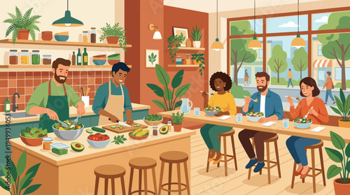 Happy diverse friends socialize while preparing and eating a fresh, healthy salad together in a modern, sunlit restaurant kitchen.
