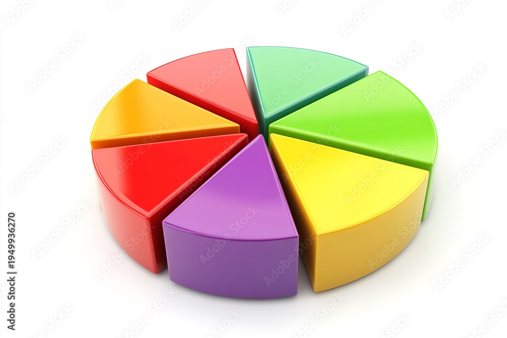 Fototapeta premium A bright and colorful 3D pie chart, divided into seven distinct segments in a rainbow of hues, with one segment slightly separated to emphasize its part.