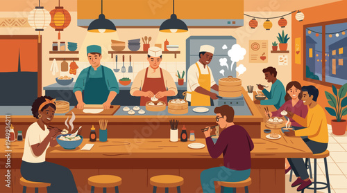 A diverse group of friends and customers eat freshly made dumplings and noodles at a bustling Asian restaurant with a lively open kitchen.