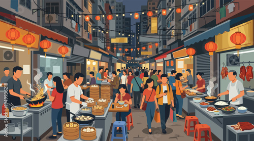 A vibrant illustration of a bustling Asian night market, with crowds of people eating and shopping at street food stalls under glowing red lanterns.