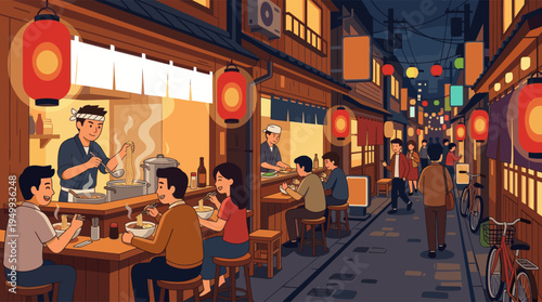 A vibrant illustration of a traditional Japanese food stall at night, with a chef serving hot ramen to happy customers in a bustling, lantern-lit alley.