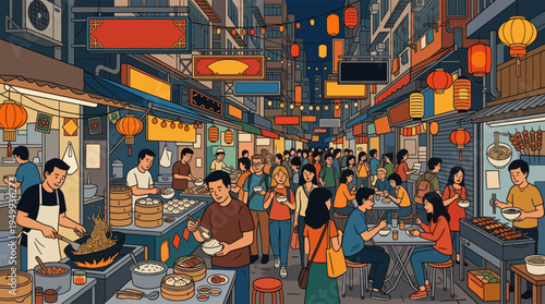 Vibrant illustration of a bustling Asian night market, where a diverse crowd eats street food from stalls under glowing lanterns.