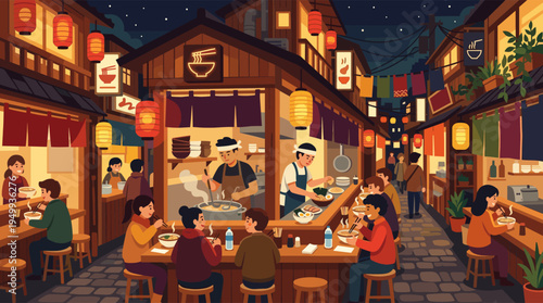 A vibrant illustration of a busy Japanese street market at night, with people enjoying hot ramen under the warm glow of traditional paper lanterns.