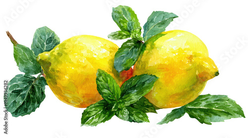 Watercolor lemons with mint leaves clip art illustration
