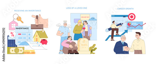 Life Events Vector Illustration: Inheritance, Loss, Career