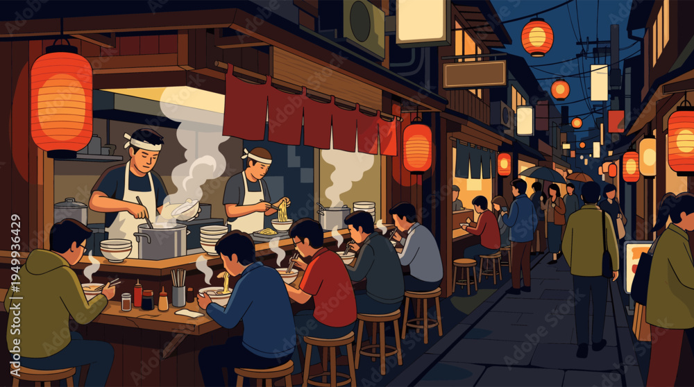 Obraz premium A bustling Japanese street food stall at night, with customers eating ramen at a wooden counter and chefs preparing steaming noodle soup under warm red lanterns.