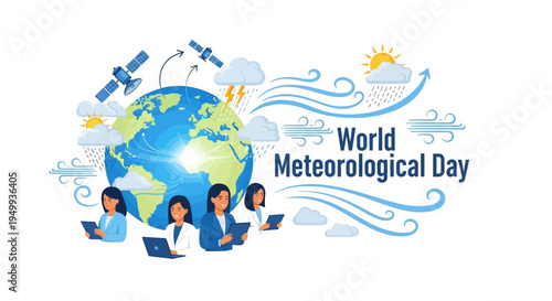 Illustration of World Meteorological Day with globe, people working on laptops, and weather elements, promoting climate science awareness and meteorology research with a global weather