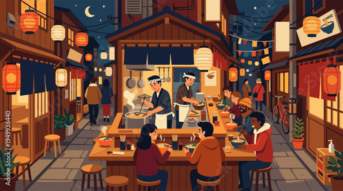 A vibrant illustration of diverse friends eating at a busy Japanese ramen stall with warm lanterns illuminating the cozy night market scene.