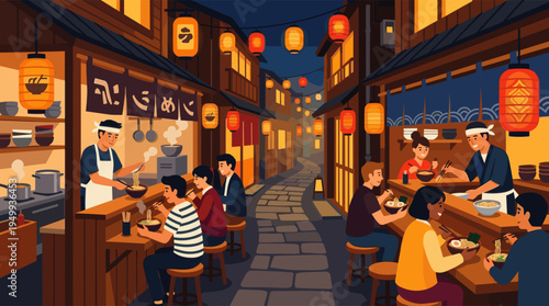 A bustling Japanese food market alley at night, with people eating ramen at wooden stalls illuminated by warm, glowing paper lanterns.