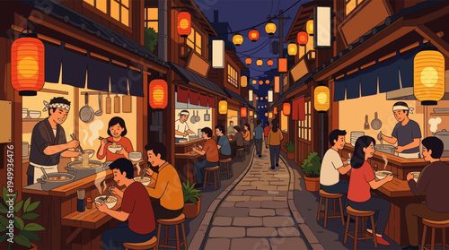 An illustration of a bustling Japanese food market at night, where people eat steaming ramen at traditional wooden stalls under the warm glow of paper lanterns.