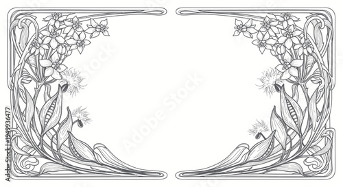 Art Nouveau floral frame with delicate flowers and leaves, hand-drawn sketch