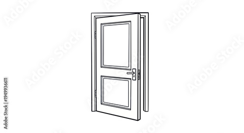 Open door with glass panels and handle, interior view, sketch style