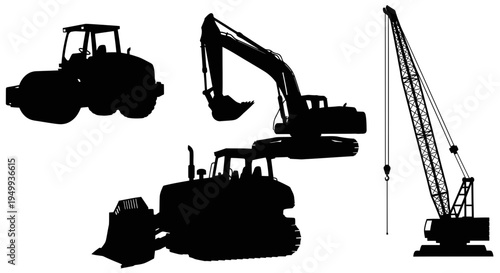 Silhouette Construction Vehicles: Bulldozer, Excavator, Roller, Crane
