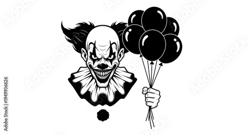 Scary Clown Holding Black Balloons, Horror Character, White Background