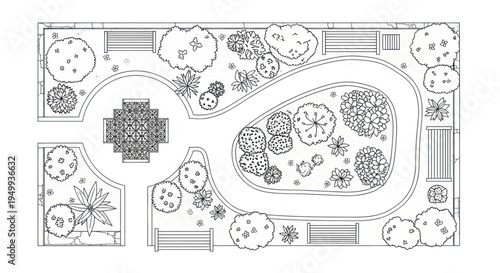 Top-down view of a garden design plan with paths, benches, and diverse plants.