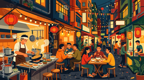 A vibrant illustration of a bustling Asian night market, where a chef cooks noodles and friends happily eat together under glowing lanterns.