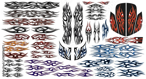 Assorted Flame and Tribal Decal Designs for Vehicle Customization.