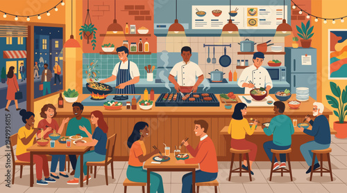 Happy people eat and talk in a lively, modern Asian noodle bar at night, featuring a warm atmosphere and chefs cooking in an open kitchen.