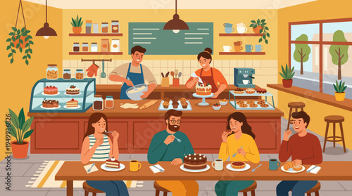 A group of happy friends socializes over coffee and cake in a warm, cozy bakery while bakers prepare fresh pastries in the background.