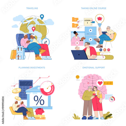 Illustrations of Travel, Online Learning, Investment, and Emotional Support