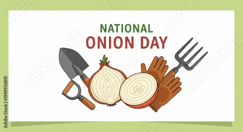 National onion day celebration with gardening tools and fresh onions on white background