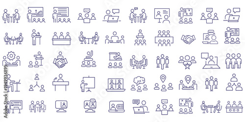 Meeting line icon set. Business conference, planning, and presentation. Team discussion, conversation, and collaboration. Outline vector pictogram for