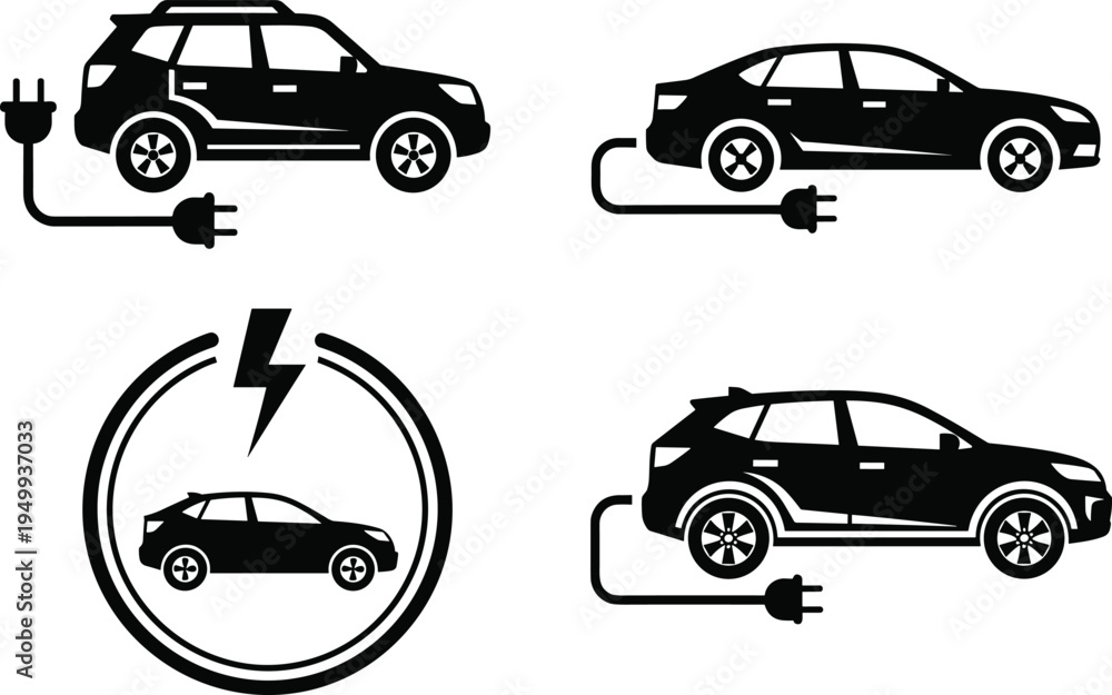 Naklejka premium Collection of electric vehicle icons featuring cars with power plug symbols, lightning bolt frames, and sustainable transportation concepts in black‑and‑white vector illustration design.