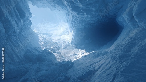 Melting glacier revealing stratified ice layers inside a cave
