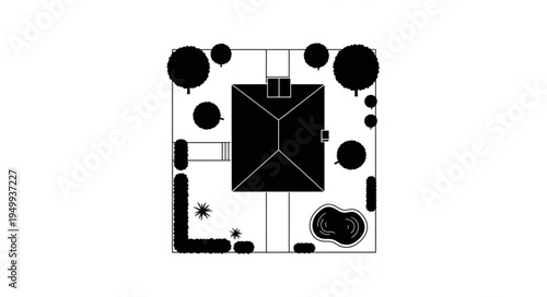 Overhead view of a house with surrounding trees and landscaping.