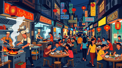 A vibrant illustration of a busy Asian street food market at night, with people eating and chefs cooking under glowing red lanterns and neon signs.