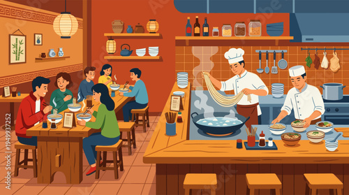 An illustration of a bustling Asian noodle shop where happy customers eat while chefs prepare fresh, handmade noodles in a warm, open kitchen.