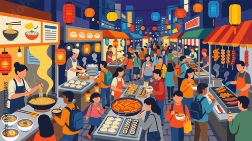 Vibrant illustration of a bustling Asian night market where a diverse crowd enjoys street food like noodles and dumplings under colorful lanterns.