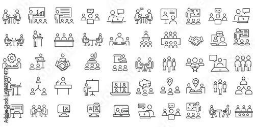 Meeting line icon set. Business conference, planning, and presentation. Team discussion, conversation, and collaboration. Outline vector pictogram for