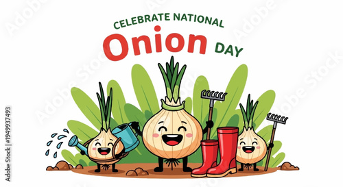 Happy onions celebrating national onion day with gardening tools and green leaves