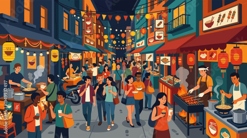 An illustration of a bustling Asian night market with a diverse crowd of people walking and eating street food like noodles and skewers under festive lanterns.