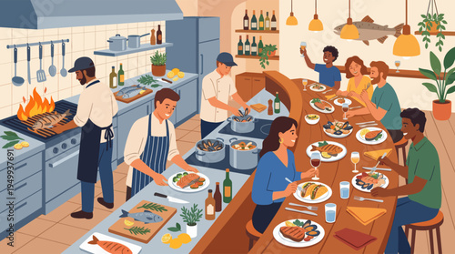 A diverse group of friends enjoys a delicious seafood meal at a bustling restaurant bar with an open kitchen where chefs are busily grilling and preparing fresh fish.