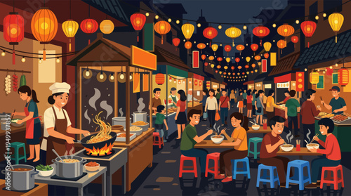A vibrant illustration of a busy Asian night market, where a chef cooks noodles in a flaming wok and people enjoy street food under glowing paper lanterns.