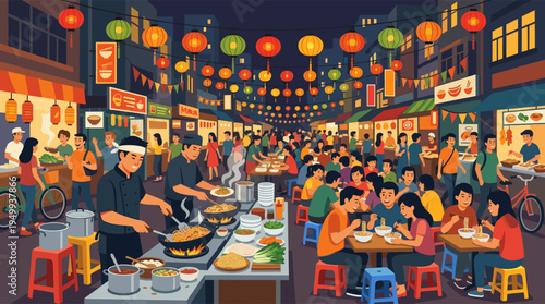 A vibrant illustration of a bustling Asian night market, where a crowd of people eat street food from stalls under colorful lanterns.