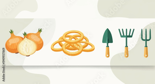 Onions and gardening tools on a beige background for planting and harvesting vegetables