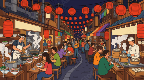 A lively illustration of a traditional Asian night market, where crowds enjoy street food like ramen and dumplings under festive red lanterns.