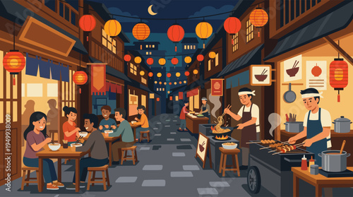 A vibrant illustration of a bustling Asian night market, where people eat noodles and grilled skewers at outdoor tables under glowing paper lanterns.