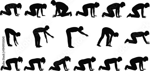 Sequence of human silhouettes showing transition from standing to crawling positions, illustrating biomechanics, exercise movement, physical therapy.