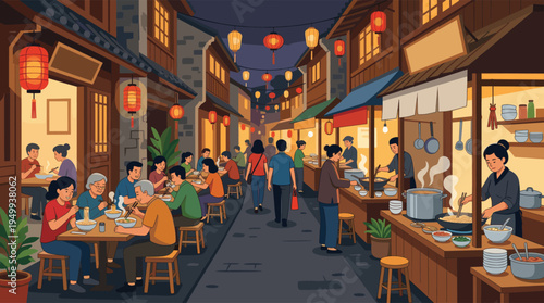 A vibrant illustration of a traditional Asian night market, where people gather to eat noodles under the warm glow of hanging lanterns.