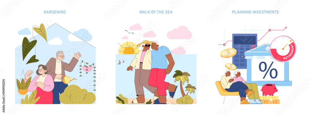 Fototapeta premium Elderly Couple Gardening Together Vector Illustration