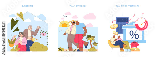 Elderly Couple Gardening Together Vector Illustration