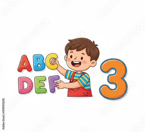 Cute cartoon boy holding a letter from the alphabet abc def with a large number 3 on white background, educational concept for children