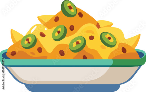 Bowl of loaded nachos with jalapenos and cheese sauce Keywords: nachos, tortilla chips, cheese