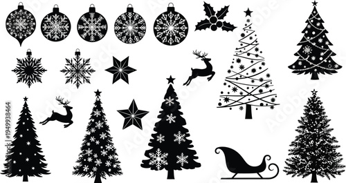 Black christmas ornaments deer trees and sleigh in a decorative silhouette
