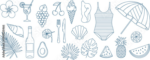 Summer vacation line art collection featuring tropical fruits, cocktails, beach accessories, floral designs, and seasonal elements in black‑and‑white vector style for decorative illustration use.