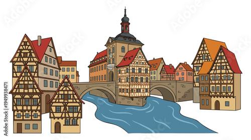 The old town bridge connects half-timbered houses along river